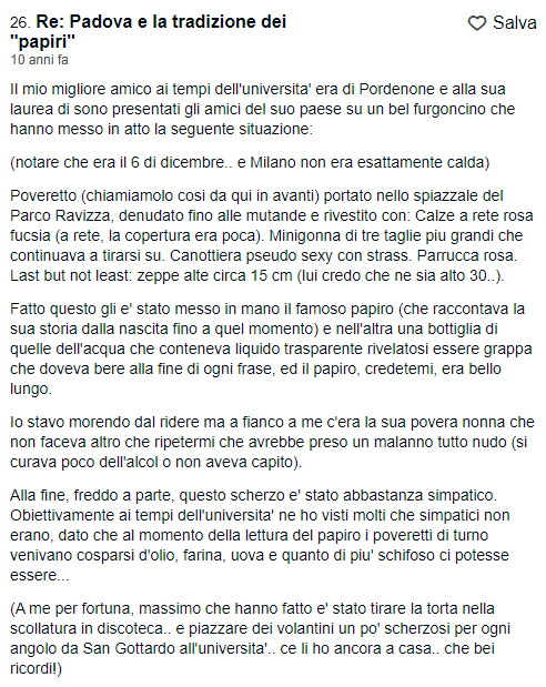 TripAdvisor commento 26: post relativo alla tradizione dei papiri di laurea a Padova